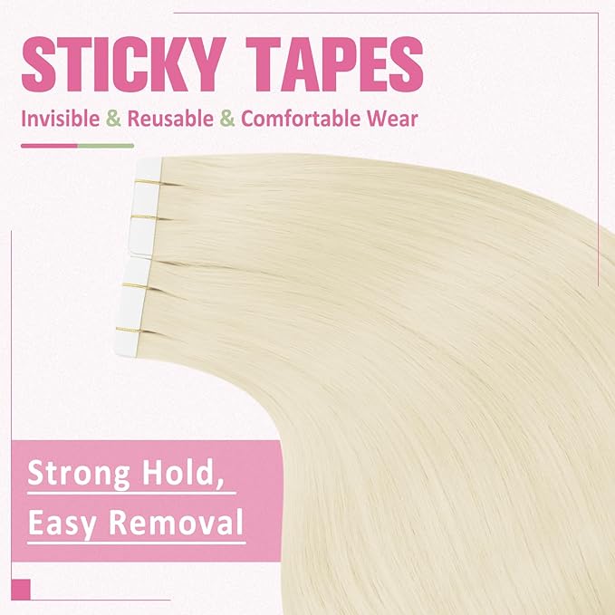 YoungSee Platinum Blonde Tape in Hair Extensions Real Human Hair 22In Platinum Blonde Tape in Hair Extensions 20pcs Invisible Tape-in Extension Long Tapes in Hair Extension Human Hair Straight 50g
