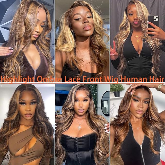 Ombre Lace Front Wigs Human Hair Pre Plucked 13x4 HD Transparent 4/27 Colored Body Wave lace frontal Wigs Human Hair 200% Density Honey Blonde Lace Front wigs for Women 26 Inch