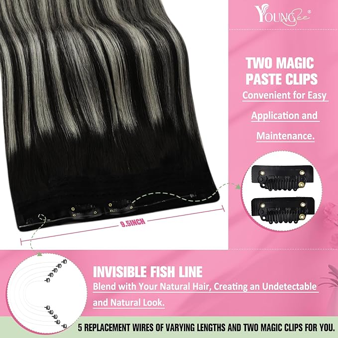 YoungSee 120G Invisible Wire Hair Extensions Ombre Black Hair Wire Balayage Black Mix Silver Fish Line Hair Extensions Real Human Hair Soft Hair 18Inch