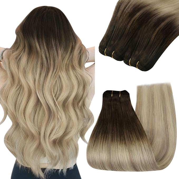 YoungSee Weft Hair Extensions Human Hair Ombre Blonde Sew in Extensions Balayage Human Hair Extensions Sew in Brown Ombre Golden Blond Mix Platinum Blonde Dyable Remy Hair 20Inch 100G