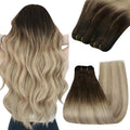 YoungSee Sew in Hair Extensions Real Human Hair 22Inch Ombre Blonde Double Weft Human Hair Extension Brown Roots to Gold Blond Mix Platinum Blonde Hair Extensions Sew in for Long Hair 100G