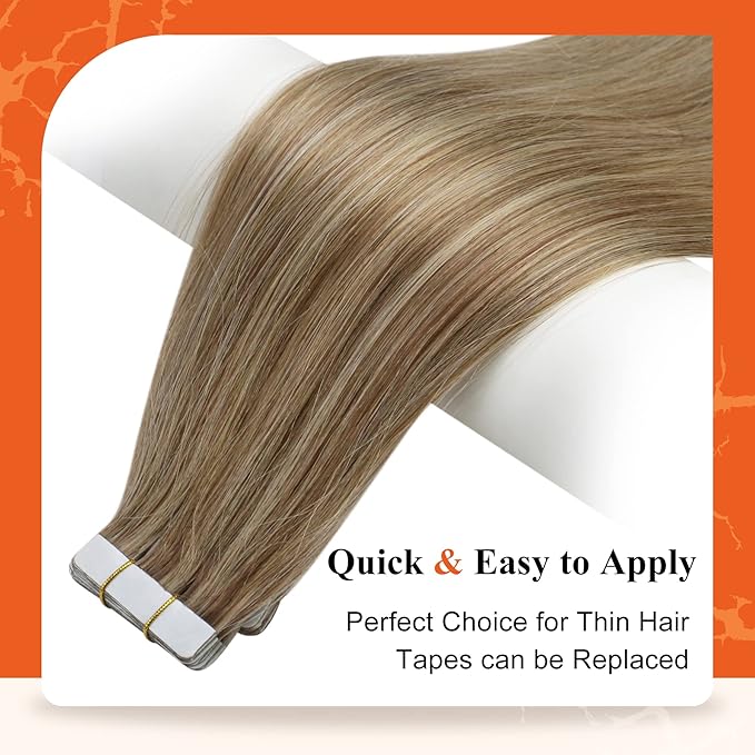 Full Shine Tape in Hair Extensions Human Hair 14 Inch Balayage Hair Extensions Real Human Hair Tape in 50Grams 20Pcs 10/16/16 Highlights Golden Brown Mixed Golden Blonde Skin Weft Hair Extensions