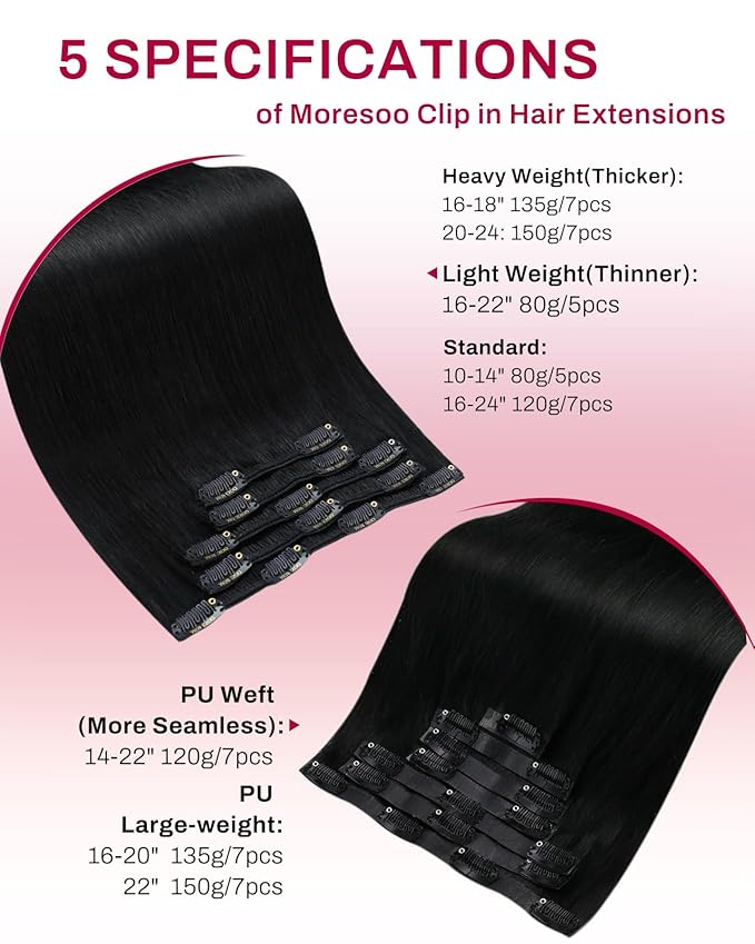 Moresoo Clip in Hair Extensions Real Human Hair Black 5pcs 80g Remy Straight Invisible Lace Double Weft Jet Black Human Hair Clip in Extensions #1 20inch