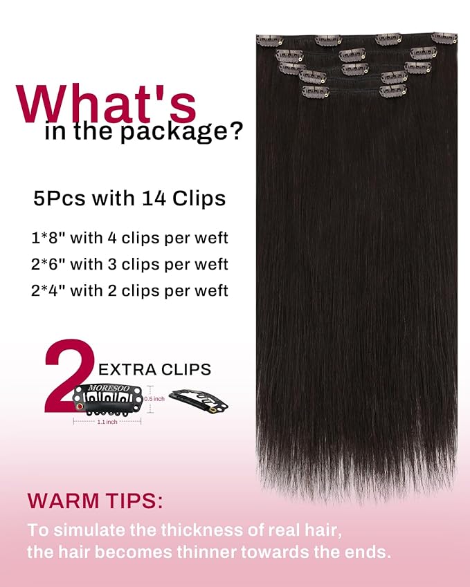 Moresoo Brown Clip in Hair Extensions Real Human Hair Double Weft Human Hair Clip in Extensions Straight Dark Brown #2 5pcs 80g 16inch
