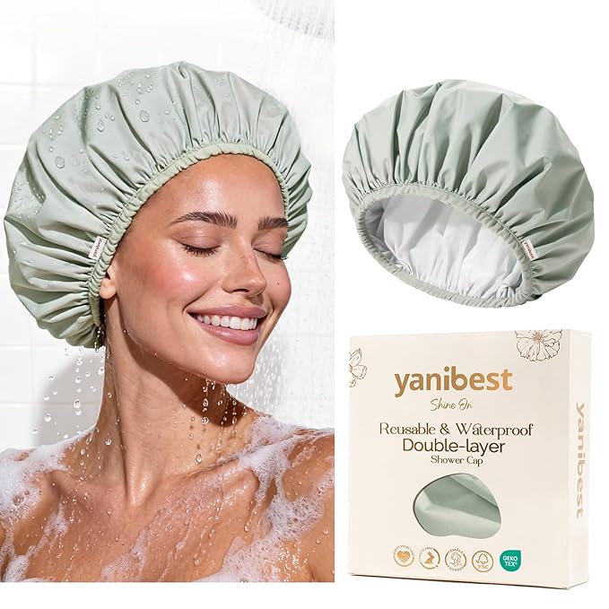 Yanibest Shower Cap Reusable Waterproof - Double Layer Shower Caps for Women, Washable Shower Bonnet with Soft Non-Slip Elastic Band, Bath Hair Hat for Most Hair Types