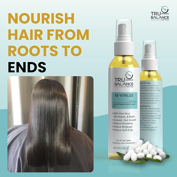 TRU-BALANCE RE-Vitalize - Liquid Vitamin Hair Mist - Adds Shine, Prevents Breakage, Anti Frizz, & Repairs Damaged Hair - Leave in Conditioner Hair Spray w/Biotin & Keratin Hair Treatment - 6 oz