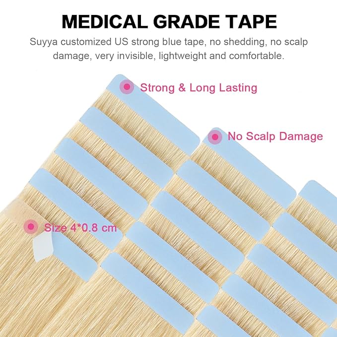 SUYYA Tape in Hair Extensions Human Hair Bleach Blonde 30 Inch 60g/pack 20pcs Straight Seamless Skin Weft Tape in Real Human Hair Extensions (30 inch #613 Bleach Blonde)