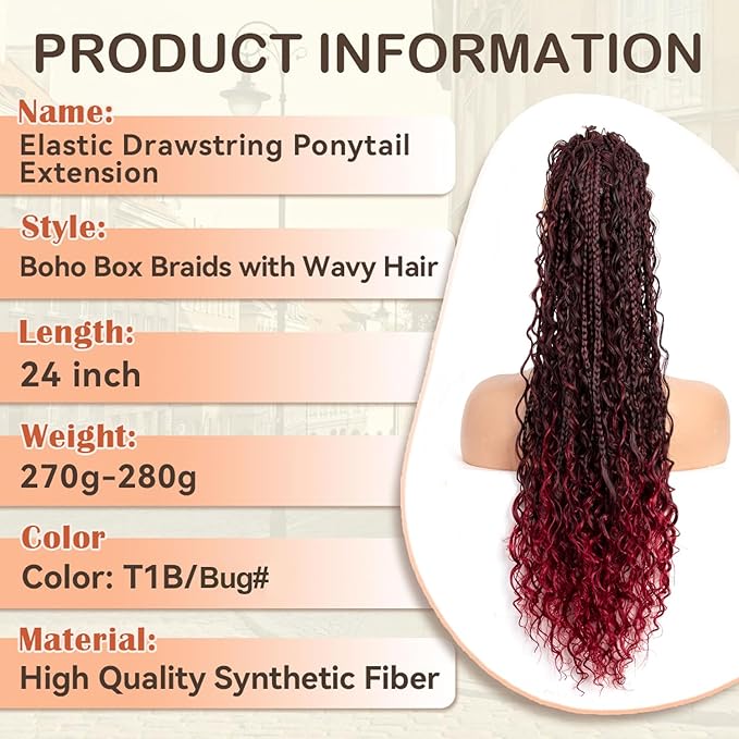 Drawstring Ponytail for Women 24 inch Boho Box Braids with Long Wavy Hair Clip in Ponytail Extension Synthetic Hair Extensions Ponytail for Daily Use (T1B/Bug#, 24 Inch)