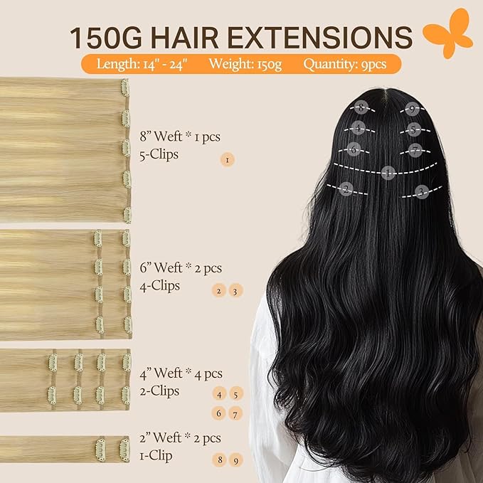 DOORES Clip in Hair Extensions, Dirty Blonde Mixed Platinum Blonde 150g 9pcs 16 Inch, Remy Hair Extensions Clip in Human Hair Extensions Human Hair Natural Silky Straight Thick Hair Extensions