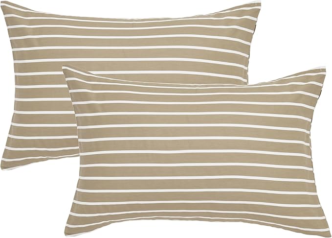 JELLYMONI 100% Natural Cotton Striped King Pillowcases Set, 2 Pack Khaki and White Stripes Pattern Printed Pillow Covers with Envelope Closure(Pillows are not Included)