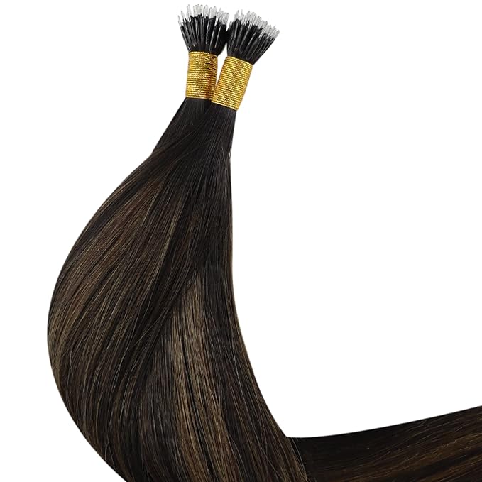 YoungSee Nano Hair Extensions Human Hair Brown Nano Bead Hair Extensions Human Hair Balayage Nanolink Hair Extension Dark Brown Ombre Medium Browns Nano-Tip Hair Extension 14inch 50s 50g