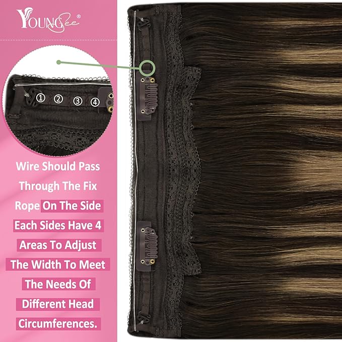 YoungSee Wire Human Hair Extensions Balayage Hair Extensions Wire Brown Fish Line Hair Extension Real Human Hair Balayage Chocolate Brown Mix Caramel Blonde Long Straight Hair 20In 100G