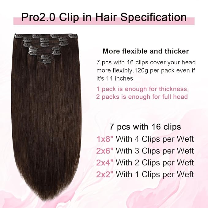 Pro2.0 Remy Real Human Hair Extensions Clip ins 120g Thick 7pcs Color #4 Chocolate Brown Remy Clip in Hair Extensions Real Human Hair 16inch Seamless Double Weft for Women（#4-16inch）