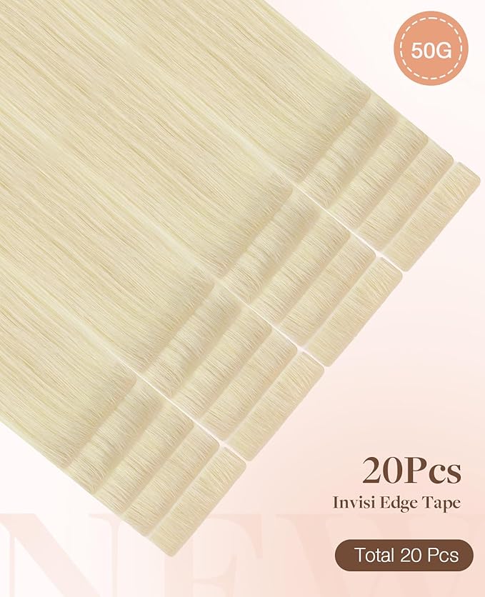GOO GOO Invisi Edge Tape in Hair Extensions Human Hair, 60A Platinum Blonde 20pcs 22inch 50g, Virgin Remy Hair, Seamless Injected Tape, Natural Look