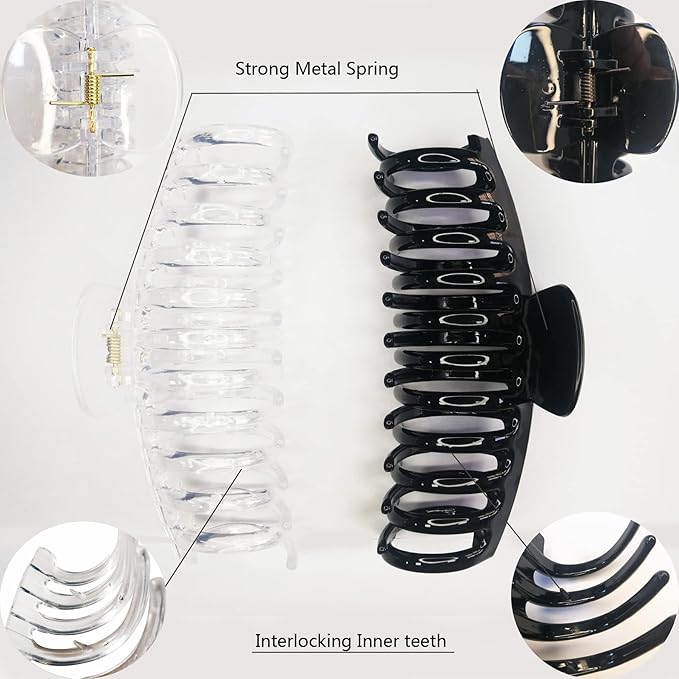 Jumbo 5.5 Inches Hair Clips for Extra Thick Hair - Long Butterfly Hair Accessories for Women, 2 Counts (Black and Clear)