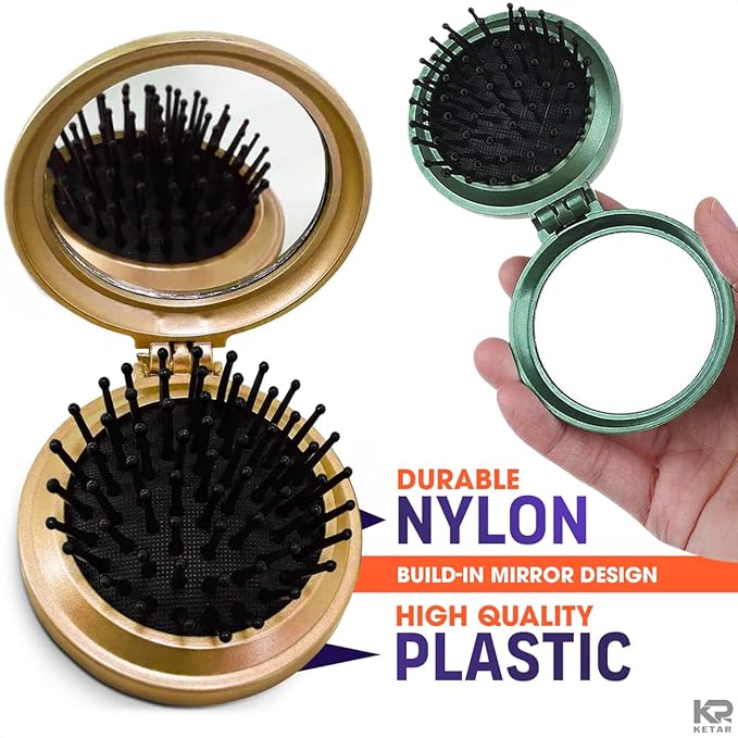 Mini Hair Brush Set of 6 - Foldable Travel Brushes for Hair in Assorted Colors – Lightweight and Portable Travel Brush for Women with Mirror for Quick Touch-Ups