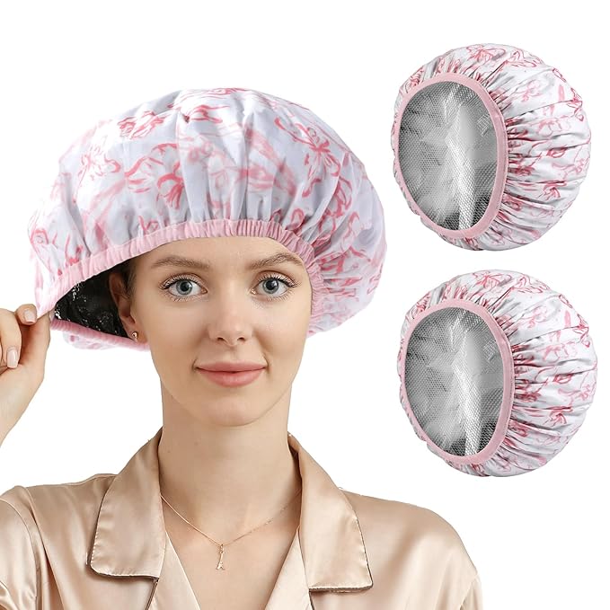 YIZIJIZI 2 Pieces Heat Cap for Deep Conditioning, Conditioning Cap Made of Aluminum Foil for Home and Salon Use, Hair Dyeing（Pink floral）