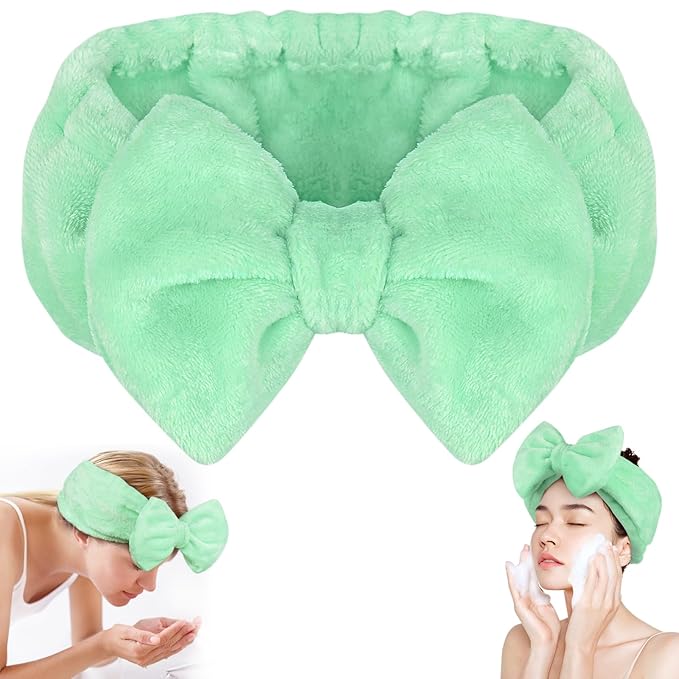 Shintop Makeup Headband, Soft Face Wash Headband with Cute Bow Elastic Spa Hairband for Skincare Facial Mask Showers（Light Green）