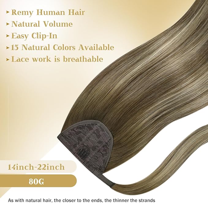 Ve Sunny Hair Extensions Ponytail Real Human Hair Wrap Around Clip in Ponytail Hair Extensions Straight Extensions Human Hair for Women Walnut Brown Ombre Light Brown Balayage Blonde 18inch 80G