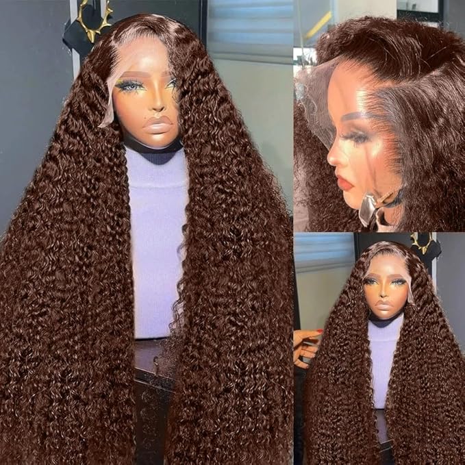 250 Density 34 Inch Deep Wave 360 Lace Front Wigs Human Hair Full Chocolate Brown Lace Front Wig Pre Plucked with Bady Hair Curly Wig 360 Glueless Lace Frontal Wigs for Women