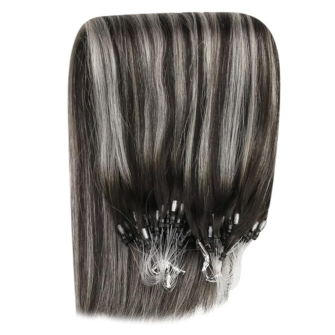 YoungSee Micro Bead Hair Extensions Real Human Hair Ombre Micro Loop Hair Extensions Human Hair Black Ombre Silver with Black Balayage Beaded Hair Extension 20In Cold Fusion Hair Natural 50g 50s