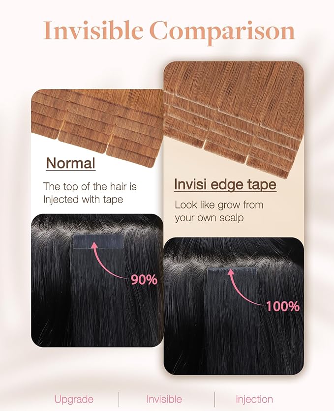 GOO GOO Invisi Edge Tape in Hair Extensions Human Hair, 330 Cinnamon Terra Copper, 20pcs 18inch 50g, Virgin Remy Hair, Seamless Injected Tape, Natural Look