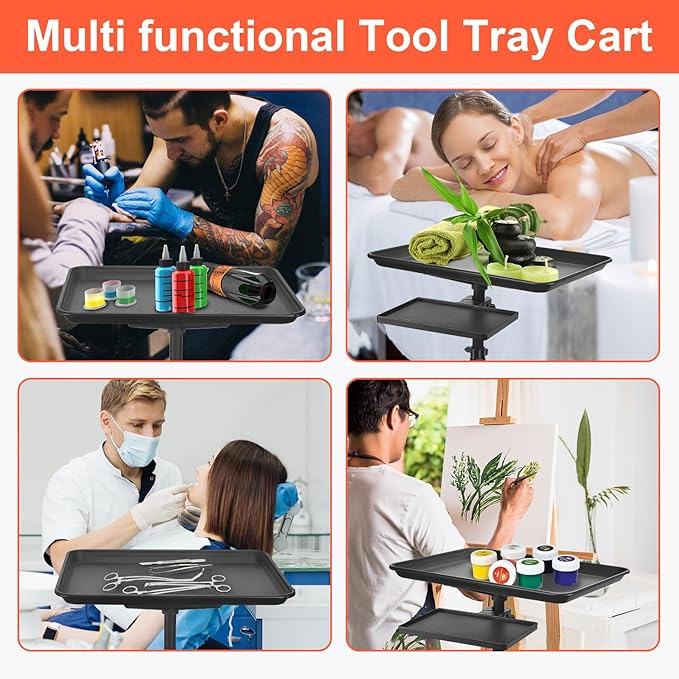 Salon Tray Cart on Wheels, Tattoo Tray with Storage Platform, Adjustable Height Service Rolling Tray, Storage Tray Trolley for Beauty Clinic Spa, Rolling Tray Cart