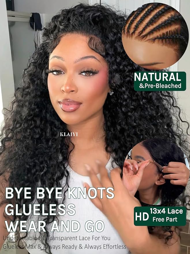 KLAIYI Water Wave Pre Everything Glueless 13x4 Lace Front Wigs Human Hair Precut Lace Pre Plucked Pre Bleached Bye Bye Knots Curly Wear and Go Beginners Wig with Drawstring 30S Ready to Wear 16Inch