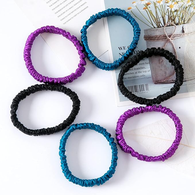 6 Set 100% Pure Mulberry Silk Hair-Friendly + Luxurious Elastic Skinny Scrunchies Travel Pouch Everyday Hair Ties Elastics Hair Care Ponytail Holder No Damage