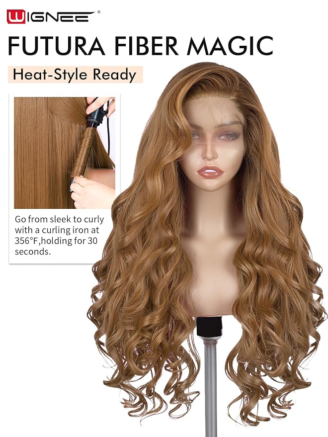 WIGNEE 13x6 Synthetic Lace Front Wig 28" Mixed Brown Wig Pre-Plucked Handmade Lace Front Wigs with Kanekalon Futura Hair Voluminous Long Straight Synthetic Wigs for Daily Party Use