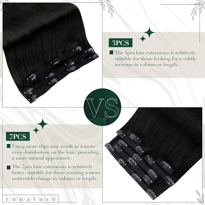 RUNATURE Black Clip in Hair Extensions, Real Human Hair Clip in Extensions, Short Hair Extensions Clip Ins 12 Inch, Remy Natural Hair, Easy To Apply, 50g 3pcs #1B Off Black