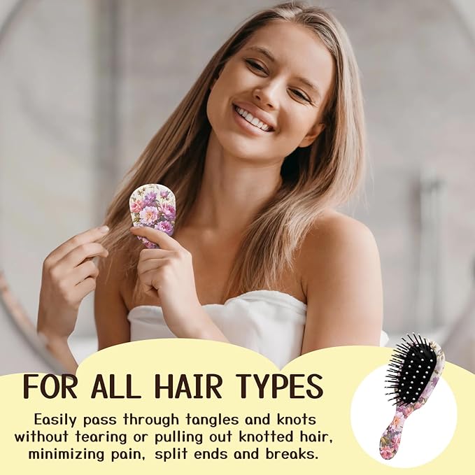 Mini Hair Brush,Cute Detangling Travel Hair Brush,Soft Bristles for Effortless Tangle Removal,Detangler Hairbrush for Women Men Boys Girls Kids Wet Dry All Hair Types (Pink Flowers, Mini)
