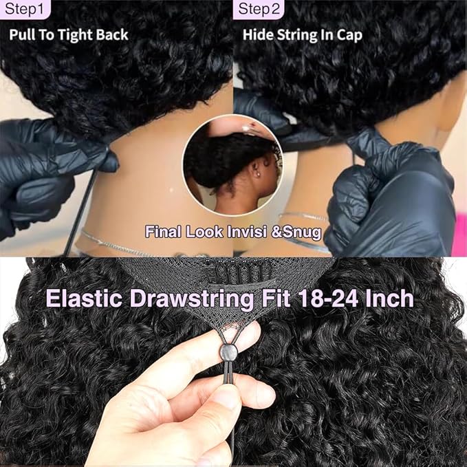 7x6 Burmese Curly Glueless Wigs Human Hair Pre Plucked Pre Cut 250% Density Drawstring Wig Human Hair 7x6 HD Lace Front Wigs Human Hair for Black Women Wear and Go Glueless Wig Natural Color 32inch