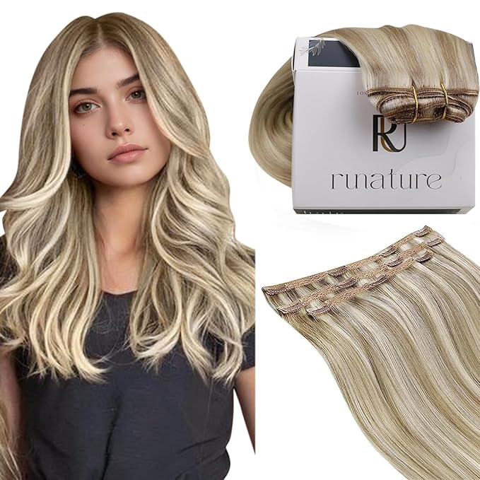 RUNATURE Human Hair Clip in Extensions, Clip in Hair Extensions Real Human Hair for Women, Double Weft Straight Remy Hair, Add Length, 18 Inch 50g 3pcs #8P60 Ash Brown Highlight Platinum Blonde