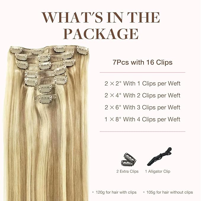 GOO GOO Clip in Hair Extensions Real Human Hair, Remy Human Hair Extensions Clip ins for Women, Natural Human Hair, 22inch 120g 7Pcs, 16/22 Light Blonde Highlighted Golden Blonde