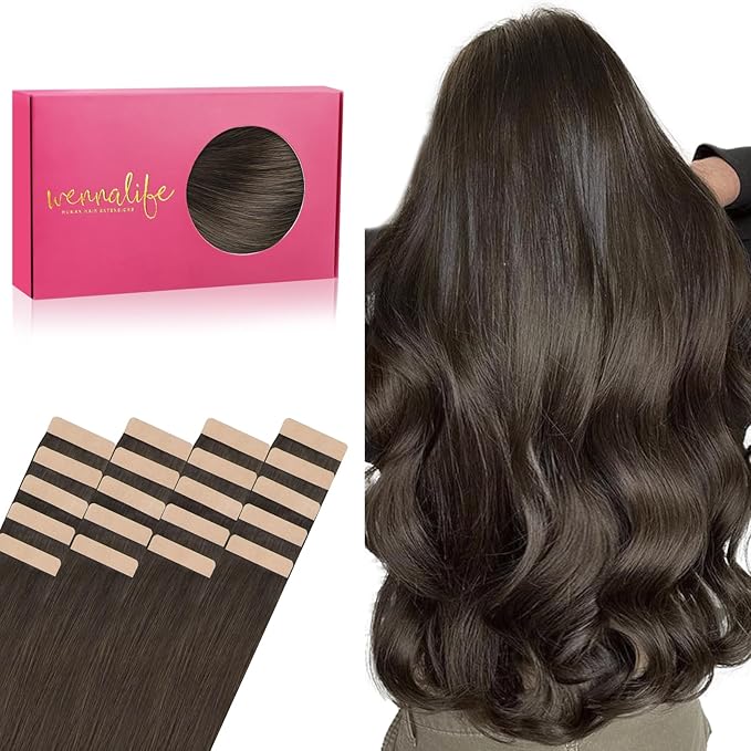 WENNALIFE Tape in Hair Extensions Human Hair, 20pcs 40g 12 inch Cool Dark Brown Remy Hair Extensions Straight Human Hair Tape in Extensions Skin Weft Tape Extensions