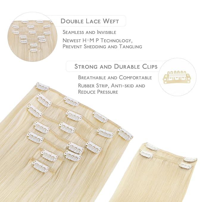 Wennalife Clip in Human Hair Extensions, 22 Inch 150g 9pcs Real Human Hair, Platinum Blonde Remy Hair Clip Ins Double Weft