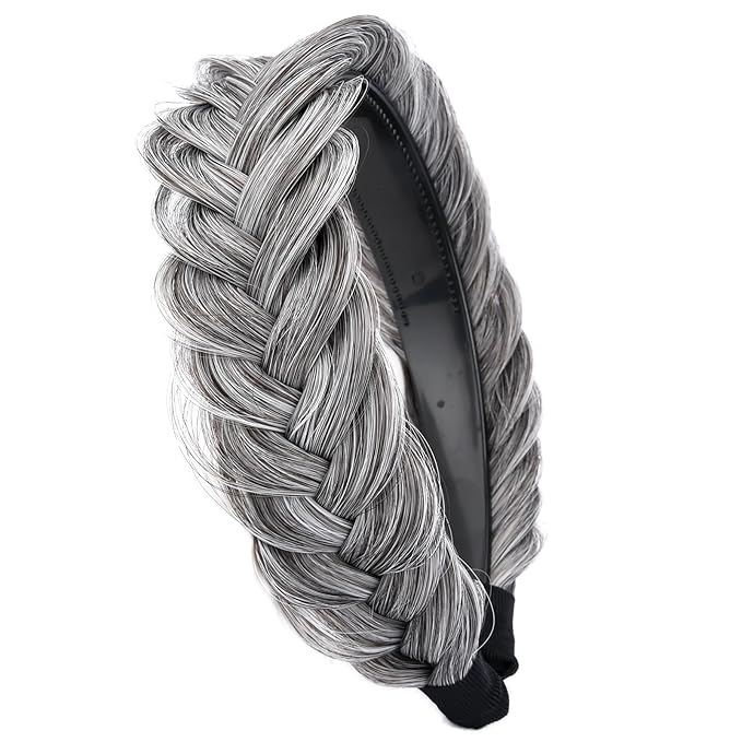 DIGUAN Wide Messy Braided Headband With Teeth Synthetic Hair Plaited Headband High Elasticity Braids Chunky Fishtail Braided Hair Band Hairpiece for Girls Women Beauty Accessory (Salt Pepper)