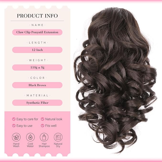 Claw Clip Ponytail Extension - 12 Inch Curly Ponytail Extension, Wavy Pony Tails Hair Extensions, Synthetic Hair Extensions Ponytail, Clip On Ponytails for Women (Color: Dark Brown)