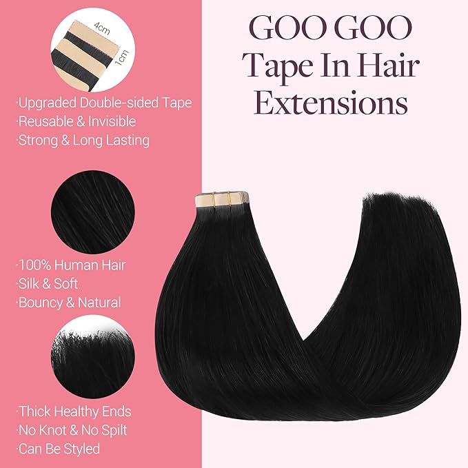 GOO GOO Tape in Hair Extensions Human Hair, 1 Jet black, 12inch 40g 20pcs, Skin Weft Seamless Invisible, Silky Straight with Thick Ends, Remy Human Hair