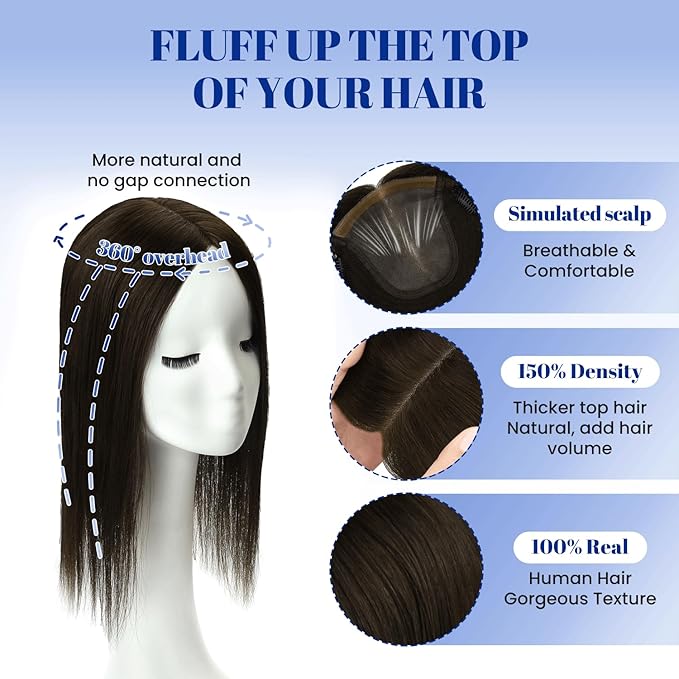 WORLDSTAR Human Hair Topper 360°3D Coverage Hairpieces Hand-stitched Real Hair Toppers for Women Add Volume,6 * 7 Inch Base 12Inch #2 Dark Brown,55g with Thinning Hair Upgrade Lace Base (tp#2-12)