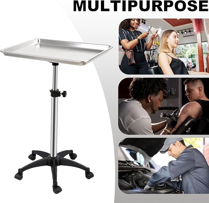 Salon Rolling Tray, Height Adjustable Tattoo Tray Rolling Cart, Storage Utility Trolley for Spa, Beauty Salon Service, Hairdresser Cart with Wheels, Black (Silver)