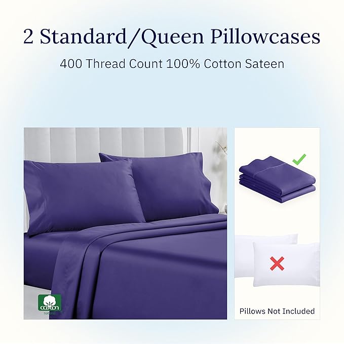 California Design Den Standard Queen Size Pillowcase Set - 400 Thread Count, 100% Cotton Sateen, Set of 2 Pillow Covers, Soft and Breathable - Dark Purple