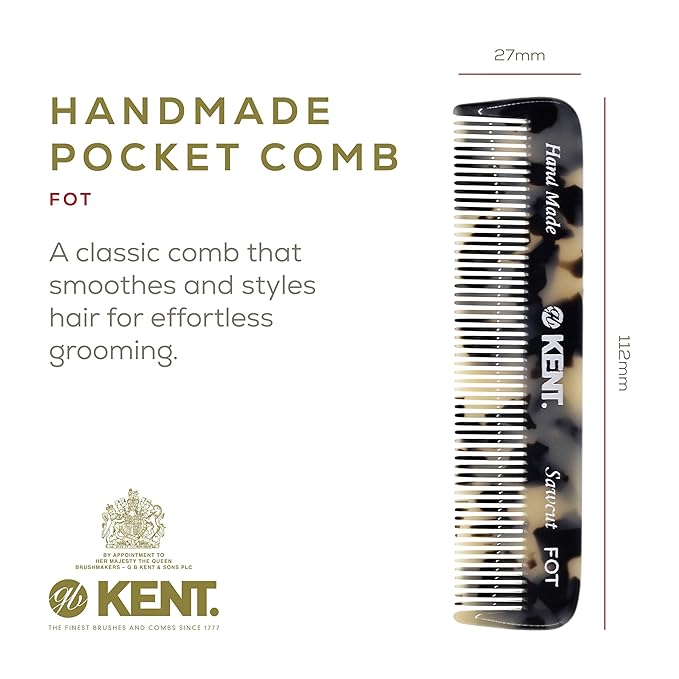 Kent FOT TW Fine Tooth Comb for Men - Handmade Pocket Comb for Travel, Styling, Fine or Thinning Hair, Mustache and Beard Care Handpolished Saw-Cut Made in England