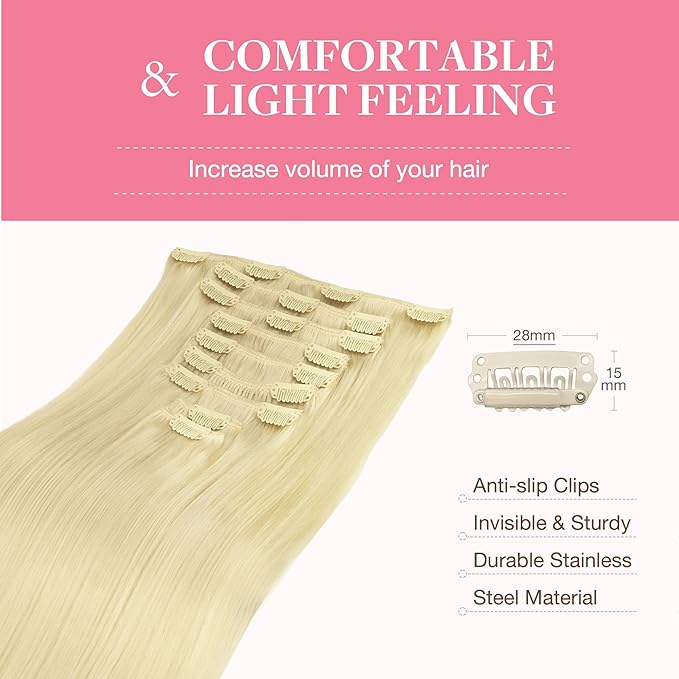 GOO GOO Clip in Hair Extensions Real Human Hair, Remy Human Hair Extensions Clip ins for Women, Natural Human Hair, 16inch 150g 9Pcs, 613R Bleach Blonde