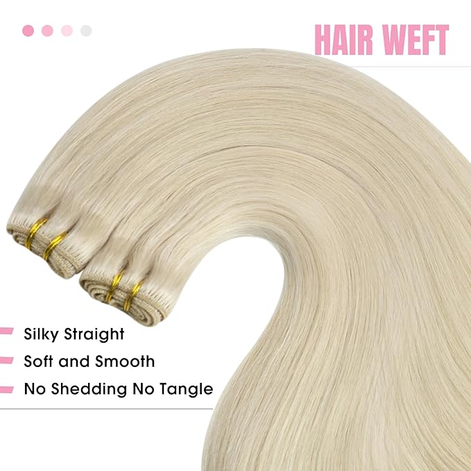YoungSee Sew in Hair Extensions Blonde Human Hair Weft Extensions Platinum Blonde Sew in Extensions Can Be Dyable Remy Hair 20Inch 100G