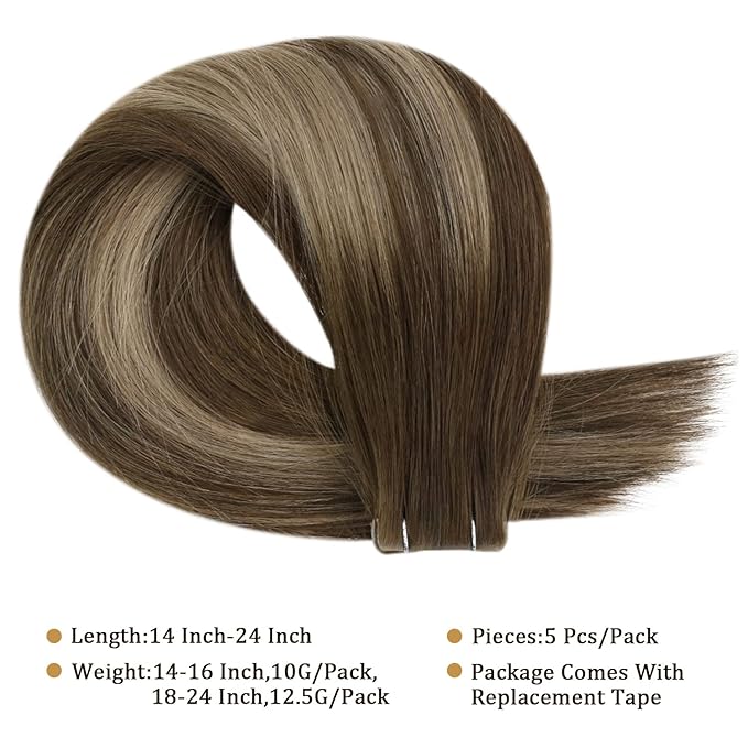 Full Shine Virgin Injection Tape in Hair Extensions Color 4 Brown Fading to 27 Blonde And 4 Injected Tape in Hair Extensins Machine Remy Seamless Tape in Extensions 18 Inch 12.5 Gram 5Pcs