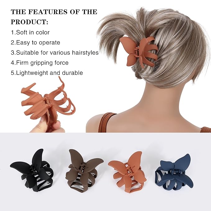 Large Butterfly Hair Claw Clips Octopus Claw Clips for Long Thick Thin Wavy Curly Hair, Strong Hold Non-Slip Grip Hair Accessories for Women 4 PCS（Black,Navy Blue,brown,Orange）
