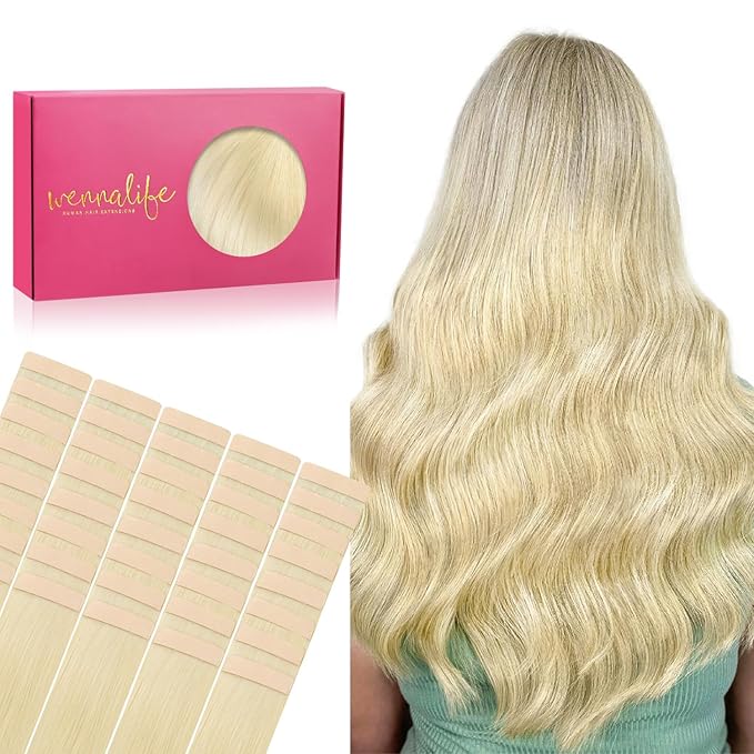 WENNALIFE Tape in Hair Extensions Human Hair, 40pcs 100g 20inch Bleach Blonde Hair Extensions Real Human Hair Straight