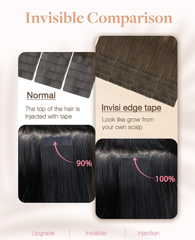 GOO GOO Invisi Edge Tape in Hair Extensions Human Hair, 4/26/4 Balayage Chocolate Brown to Honey Blonde, 20pcs 22inch 50g, Virgin Remy Hair, Seamless Injected Tape, Natural Look